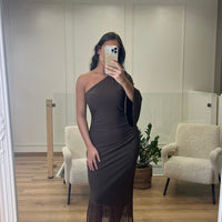 Robe asymétrique à franges marron