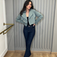 Jean slim flare à surpiqûres bleu brut