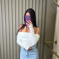 Haut manches longues col bardot blanc