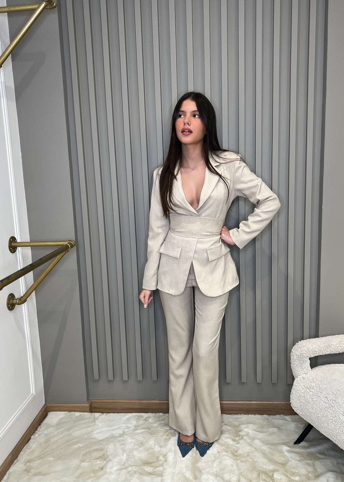 Ensemble blazer et pantalon beige