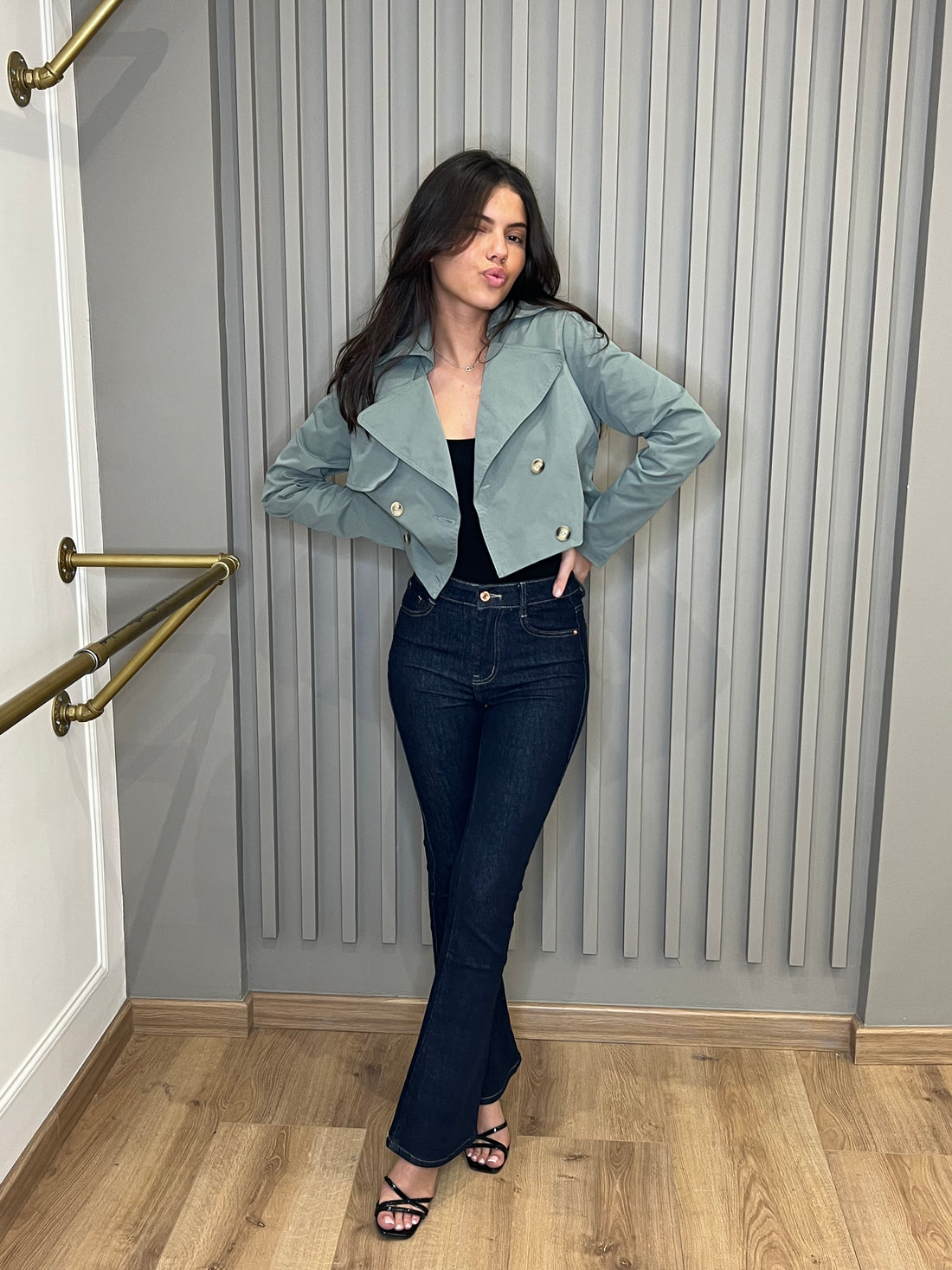 Jean slim flare à surpiqûres bleu brut