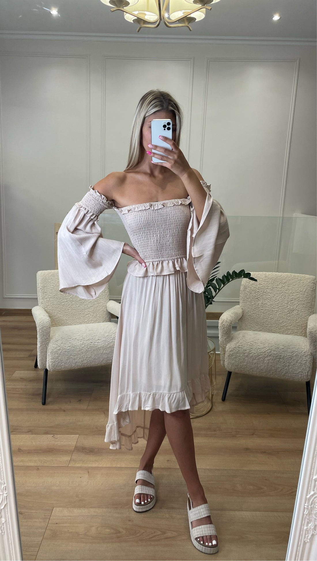 Ensemble bohème haut col bardot et jupe asymétrique