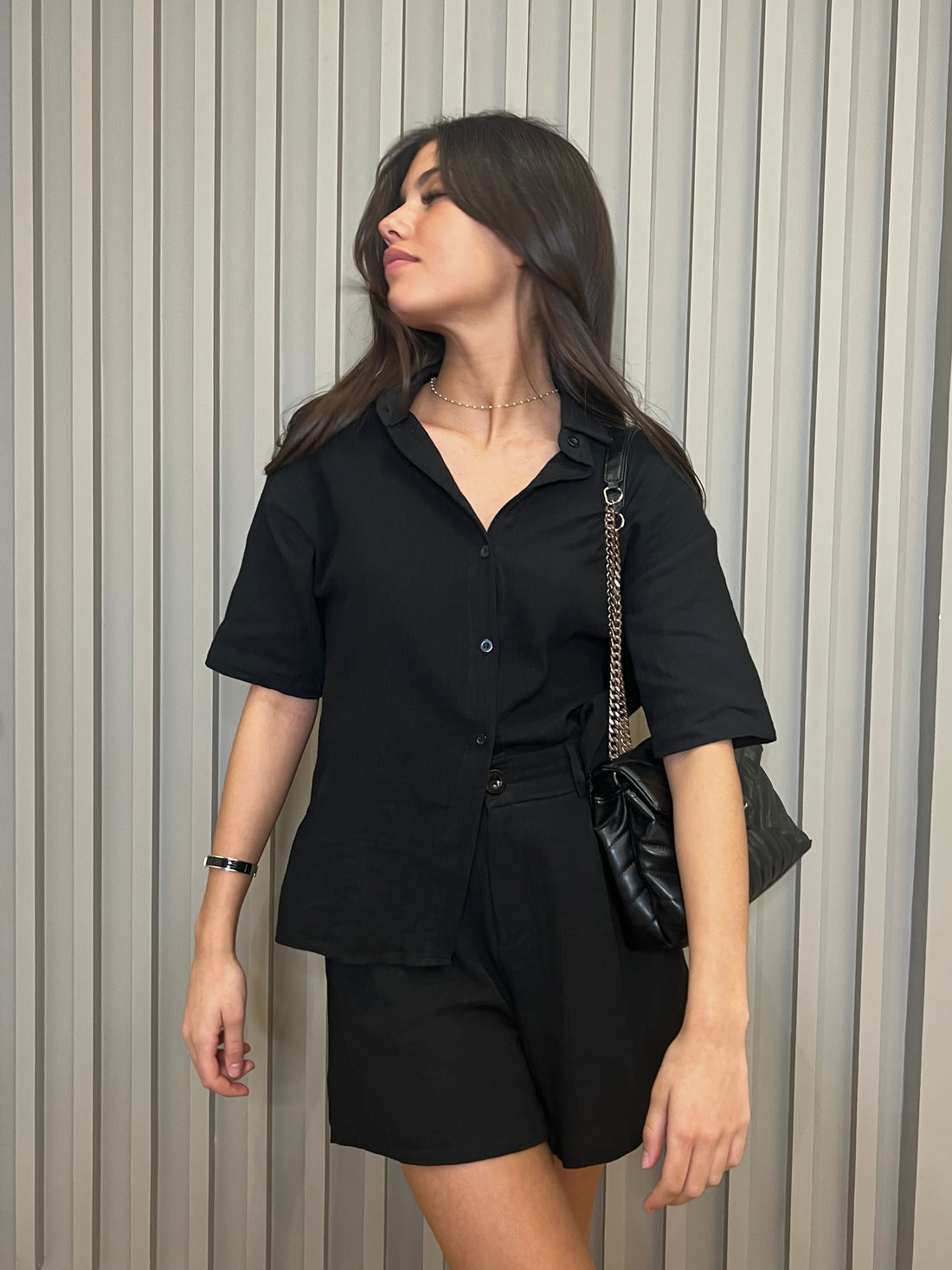 Ensemble chemise et short en gaze de coton noir SANTORIN