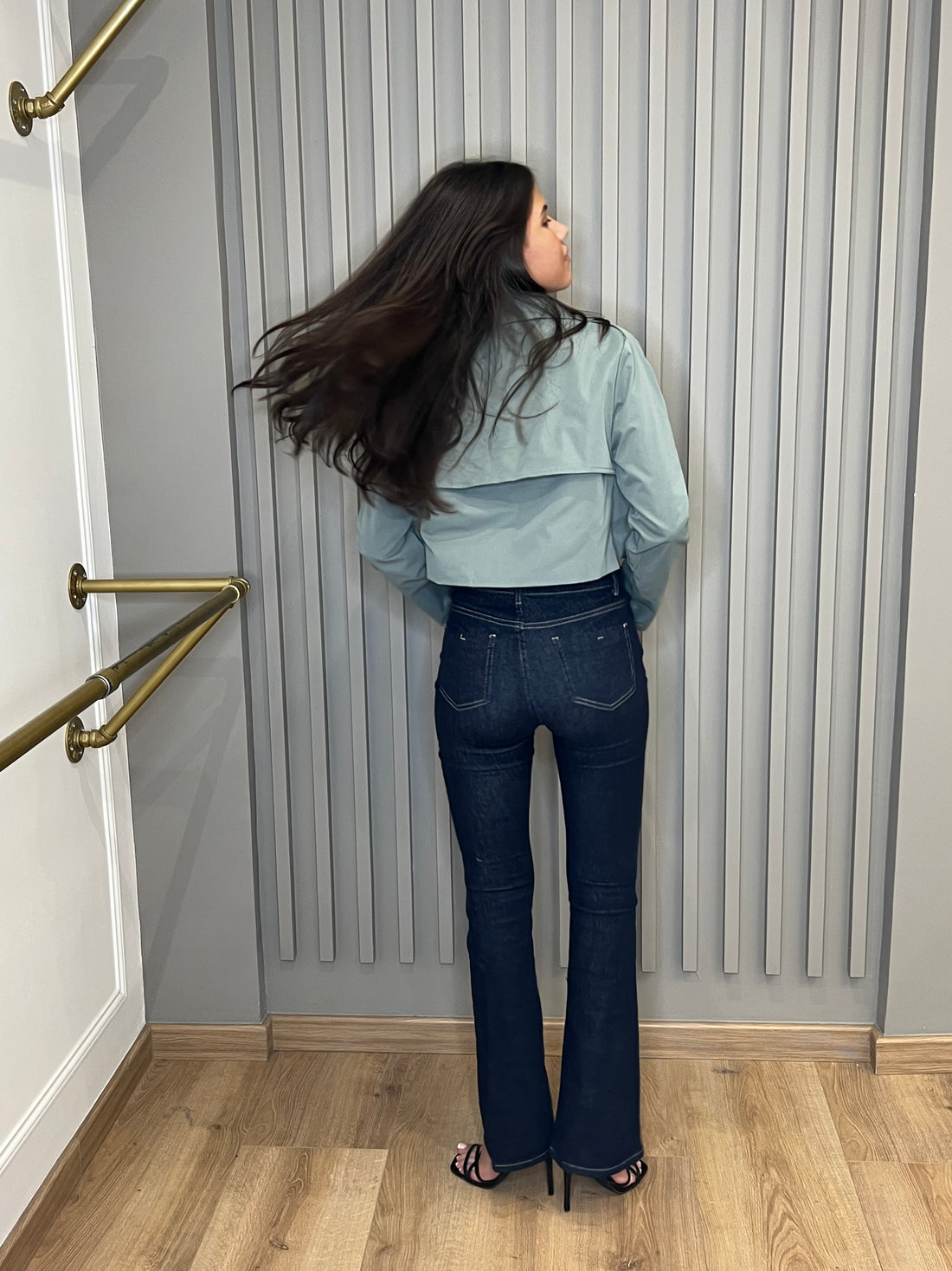 Jean slim flare à surpiqûres bleu brut