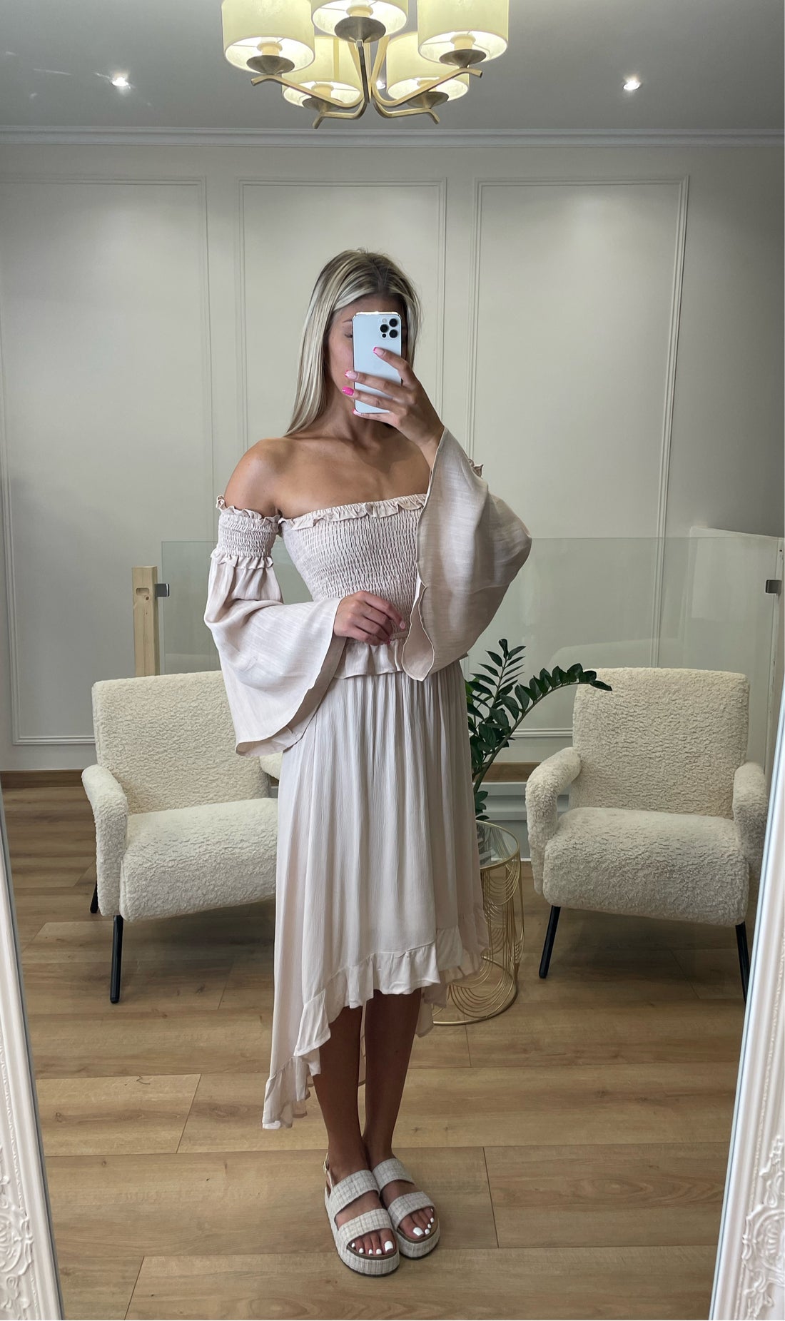 Ensemble bohème haut col bardot et jupe asymétrique