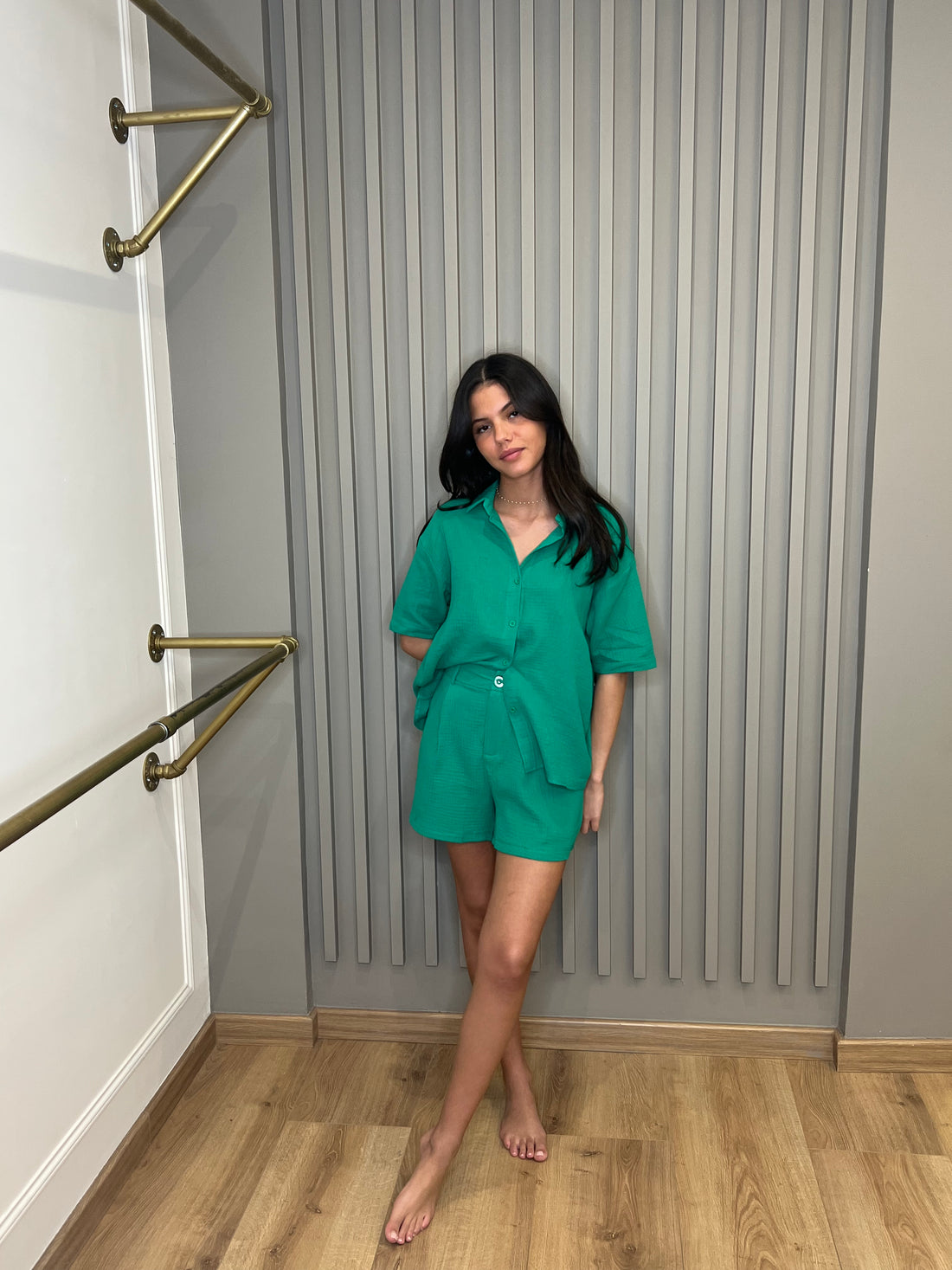Ensemble chemise et short en gaze de coton vert SANTORIN