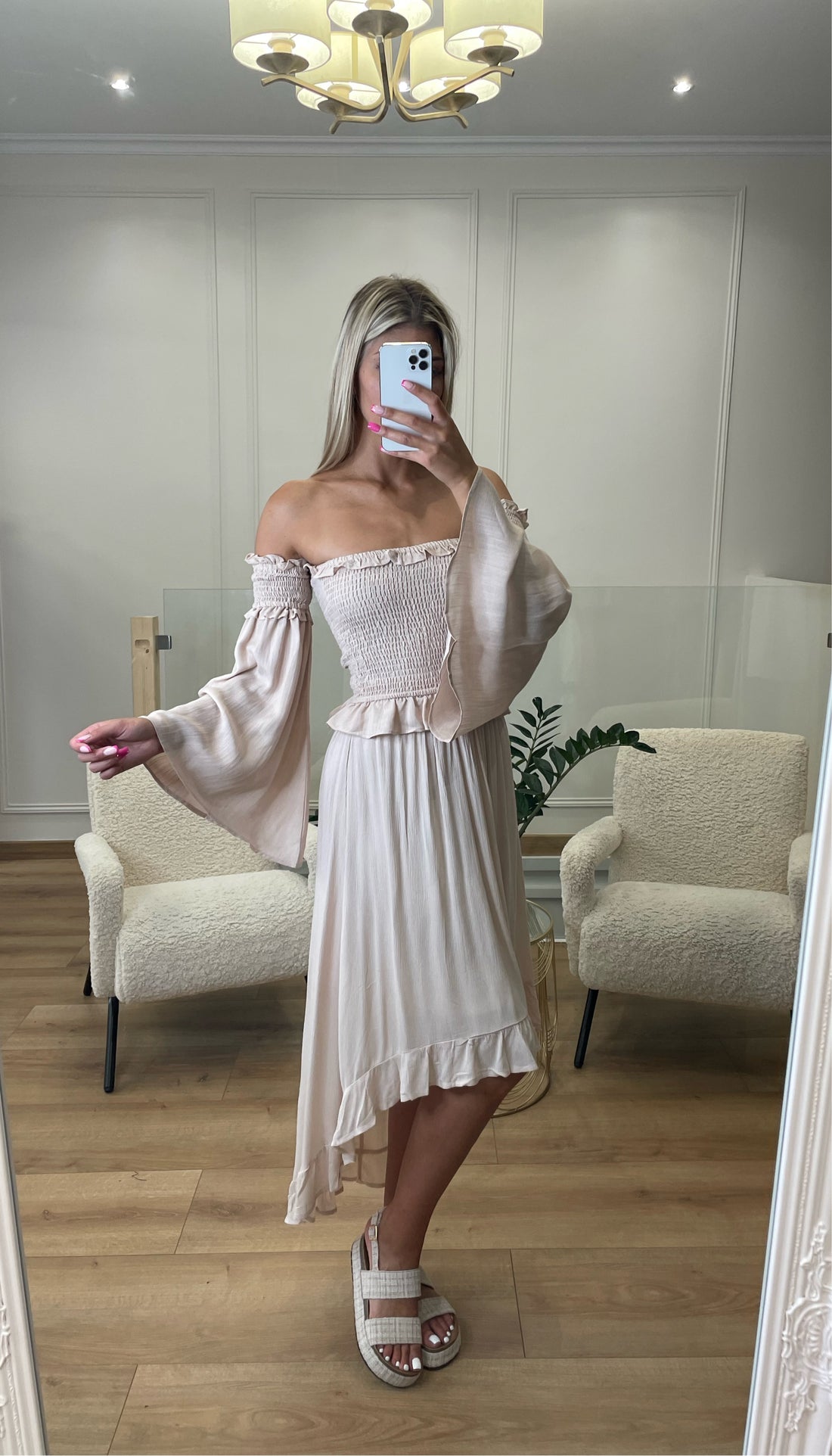 Ensemble bohème haut col bardot et jupe asymétrique