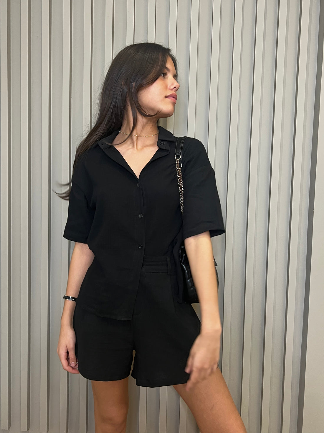 Ensemble chemise et short en gaze de coton noir SANTORIN